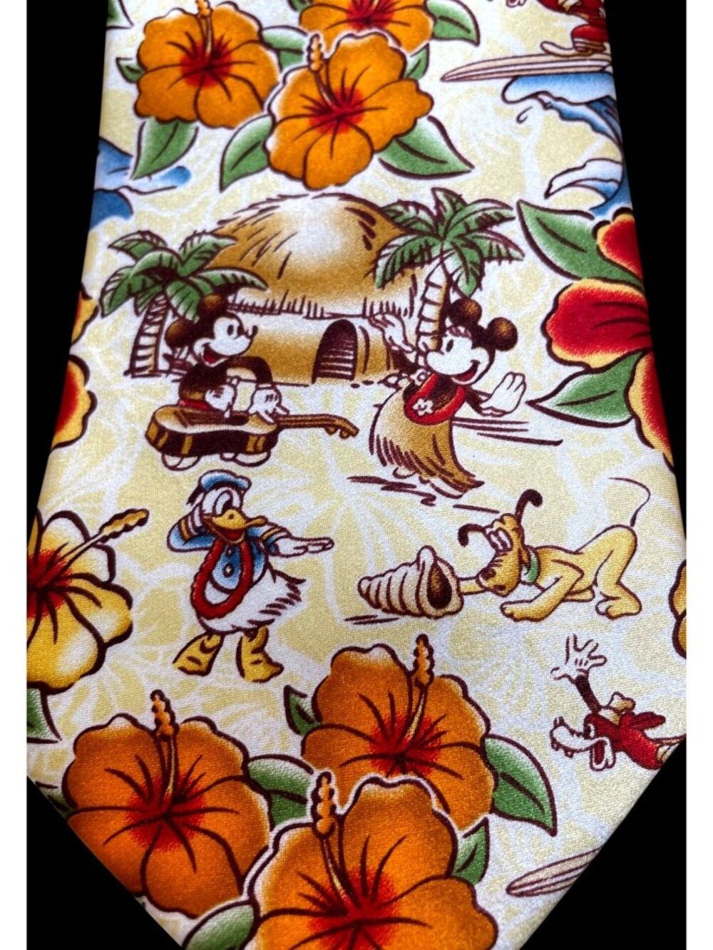 Disney Parks Authentic Hawaiian Themed Tie Featuring Mickey Minnie Donald & Goof